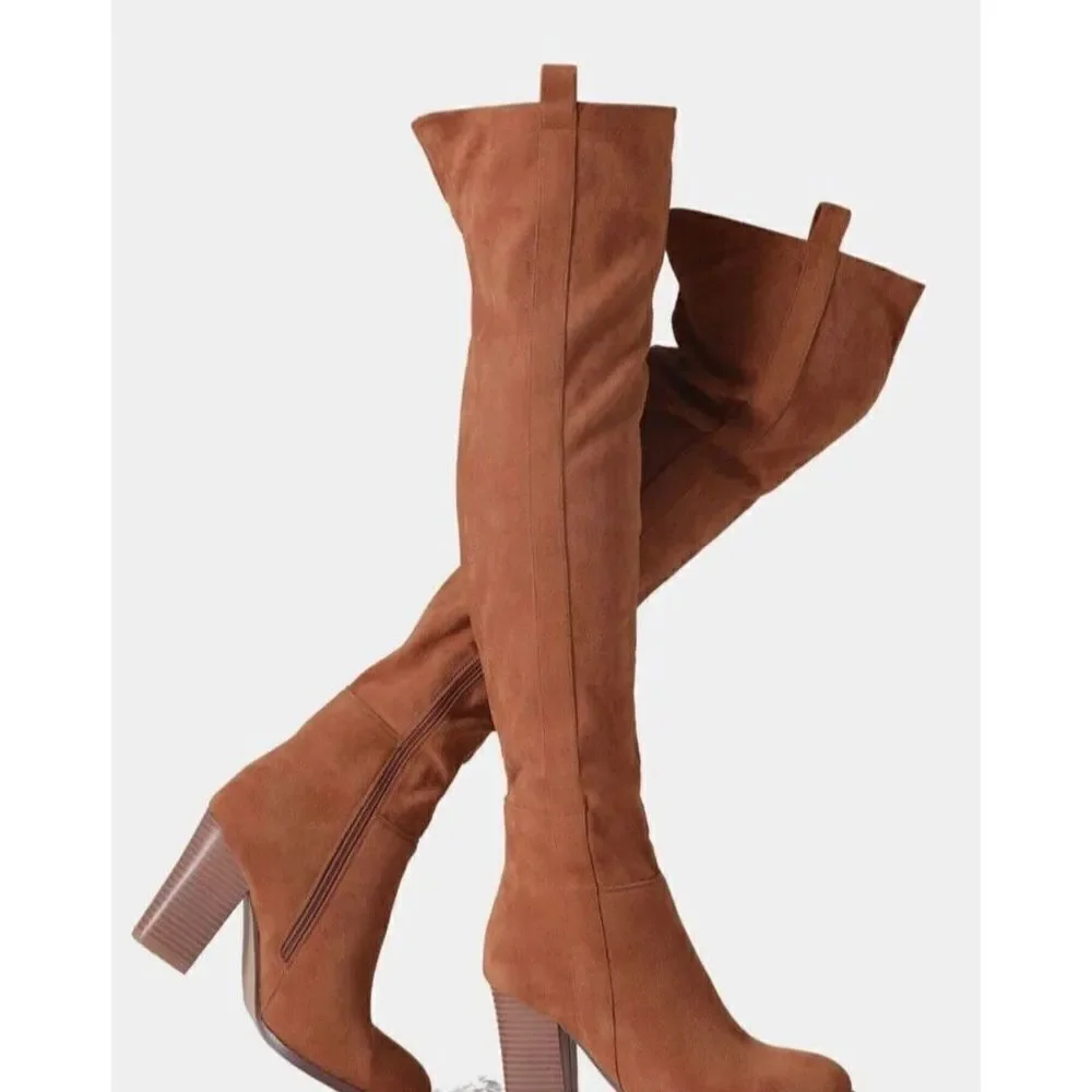 Shoe'N Tale Women Boots Brown Faux Suede Chunky‎ Heel Over The Knee Thigh High
